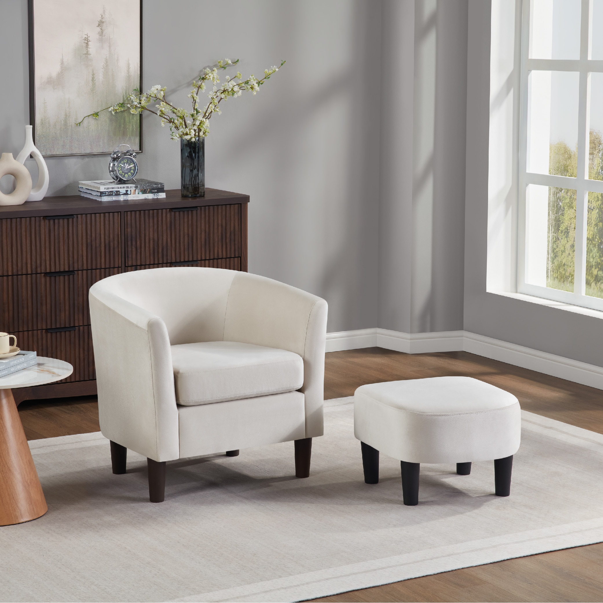 Velvet Accent Chair With Ottoman, Modern Barrel Chair Armchair For Living Room, Bedroom, White_voghion.com